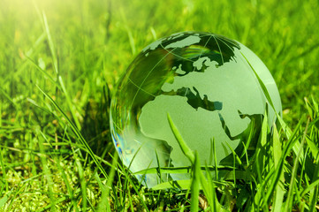 Weltkugel aus Glas, Erde mit Gras und Sonne, Naturschutz, Umweltschutz, Klimaschutz 