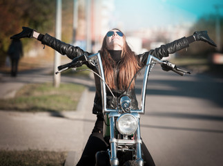 Naklejka premium Tanya. motorcycle, black jacket, half height!