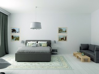 Rendering of bright cozy bedroom in classic style with gray furniture and pictures on wall
