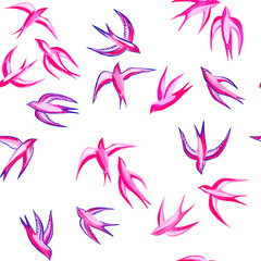 Fototapeta na wymiar seamless cute hand drawn brushstroke swallow bird flying pattern, unusual stylized colorful background allover print