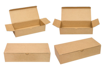 Brown packing cardboard boxes. Isolated on the white background. Different views. No shadow.