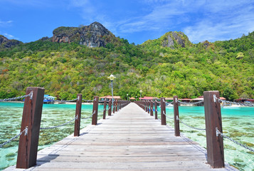 Wooden jetty in Bohey Dulang Island in Sabah Borneo Malaysia.