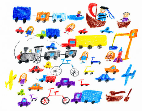 cartoon game toy and people collection, children drawing object on paper, hand drawn art picture