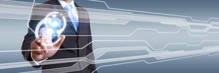 Businessman using digital tactile screen interface