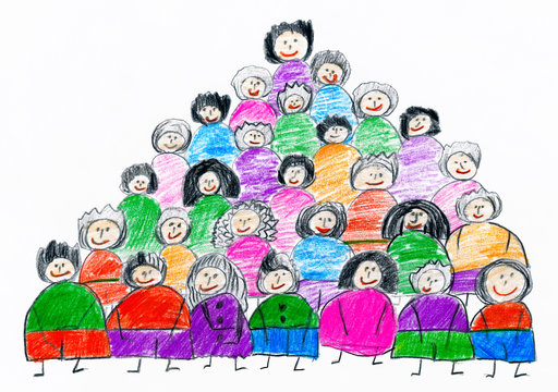 cartoon people team collection group portrait, children drawing object on paper, hand drawn art picture
