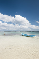 Obraz premium boat on a white tropical beach in the caribbean sea