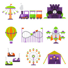 Flat design conceptual city elements with carousels amusement park vector illustration.