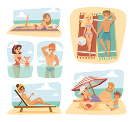 People on the sand beach fun vacation happy time cartoon vector illustration.