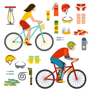 People on bicycles riders man and woman lifestyle cycling sport flat vector illustration.