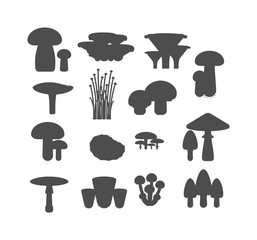 Mushrooms black silhouette vector illustration set different types isolated on white background