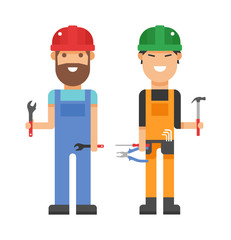 Set of professional engineering workers people building team in helmets builders flat vector illustration. 