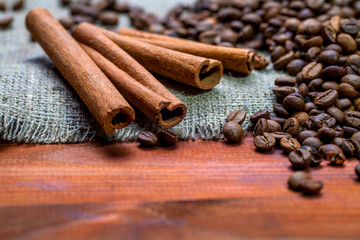 Coffee beans on wood background
