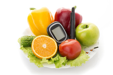 glucometer for glucose level and healthy organic food 