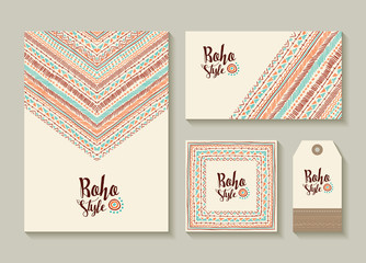 Boho style card and tag designs with colorful art