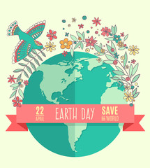 Globe on a beige background, surrounded by flowers and leaves. The inscription on the banner of Earth Day, April 22, Save the World. Vector Illustration.