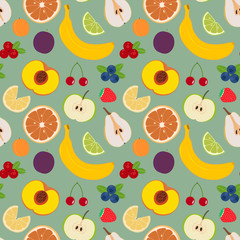 Fruits and berries seamless pattern 4. Illustration of some fruits, citruses and berries