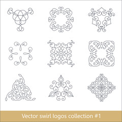 Floral logos collection. Swirl elements for design. Thin line.