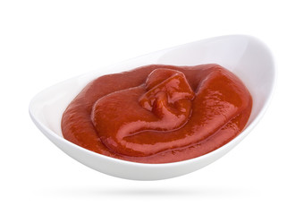  Bowl of ketchup isolated on white background.