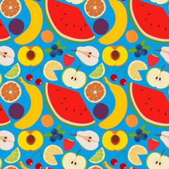 Fruits and berries seamless pattern 2. Illustration of some fruits, citruses and berries