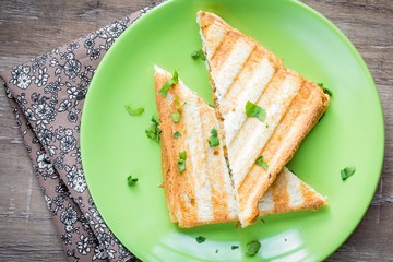 Mushroom cheese sandwich on grill, delicious snack, breakfast