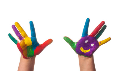 Two colorful hands with smile painted with different colors of child as logo 