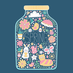 Spring jar. Vector bank with color doodle spring elements - bunny, cat, flower, bird, chicken. Spring card. Yellow, pink, blue colors.