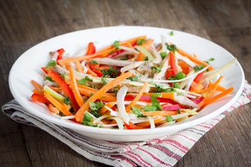 Vegetables sliced julienne, strips with sour cream dip, tatsy