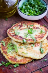 Potato flatbread with herbs, rustic vegetable dish, delicious