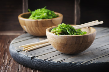 Traditional Japanese chuka salad on the wooden table