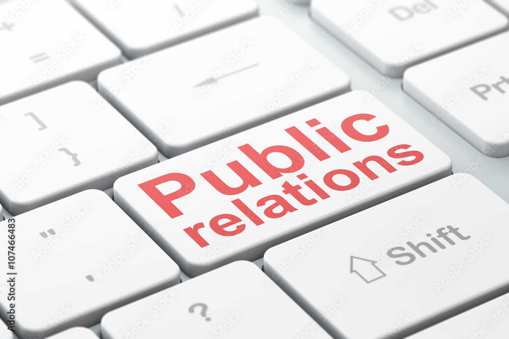 Poster advertising concept: public relations on computer keyboard background