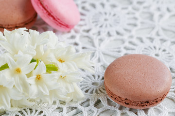 Cup of green tea, color macaroon and white flowers