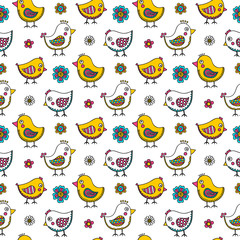 Seamless pattern with cute chickens. Vector fun birds with doodle ornament. Nice background in light colors - yellow, blue, pink, white.