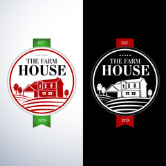 Retro, vintage Farm House concept logo templates. Template with farm landscape. Label for natural farm products. Isolated vector illustration.