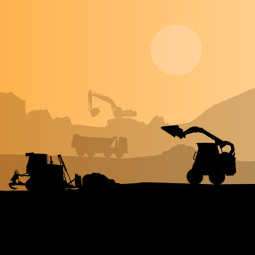 Construction machinery silhouette background. Black and orange set of ground works. Machines work in progress. Vehicle building equipment. Digger Bagger Excavator. Flatten isolated vector illustration