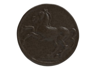 3D illustration coin with horse. icon coin. head of horse. chockolate coin. sweets sugar. metal gold coin ancient. roman empire money.