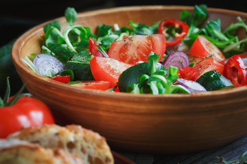 Fresh vegetable salad with tomatoes, cucumbers and onions. Serve