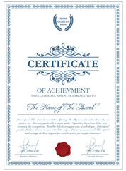 Certificate template with guilloche elements. Blue diploma border design for personal conferment. Vector layout for award, patent, validation, licence, education, authentication, achievement, etc