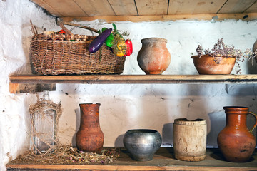 rustic utensils on shelves