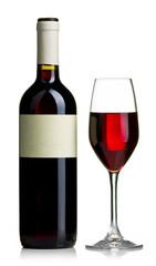 Red wine bottle with empty labels and the glass filed with red wine isolated