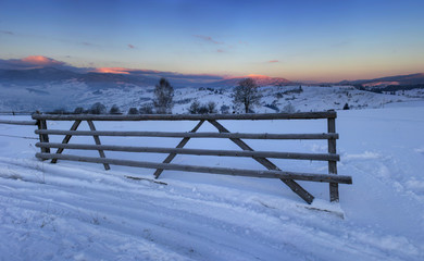 Sunrise in winter mountains . Sunrise in Carpathian Mountains, U