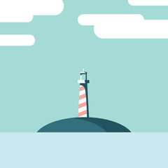 Lighthouse on an island landscape vector illustration. Summer holiday postcard template in modern flat design, artistic style.