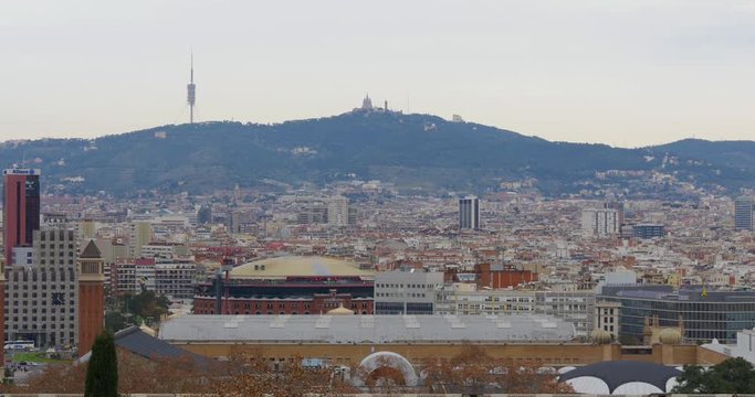 barcelona day time panorama view tibidabo mountain 4k spain
