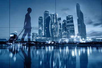 travel concept, people in the airport, double exposure blue background with modern skyline.