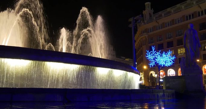 barcelona main square night light fountain close up 4k spain
