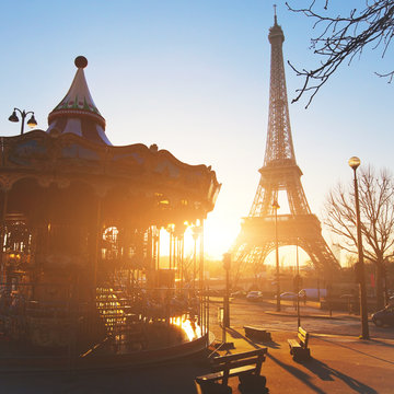 carousel at Eiffel tower in Paris, sunny day, France