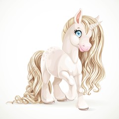 Cute fabulous unicorn with golden mane isolated on a white backg © Azuzl