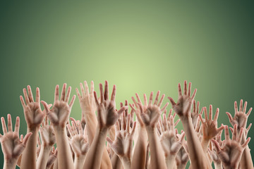 Many people's hands up isolated on white background. Various han