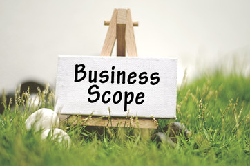 image concept white frame canvas on wooden tripod with word BUSINESS SCOPE.Blurred and soft focus background with green grass and white stone