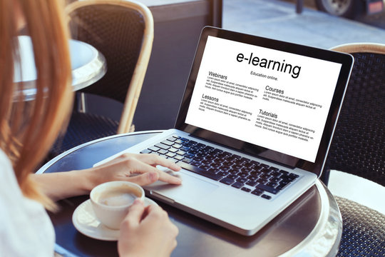 e-learning, education online concept, woman with laptop