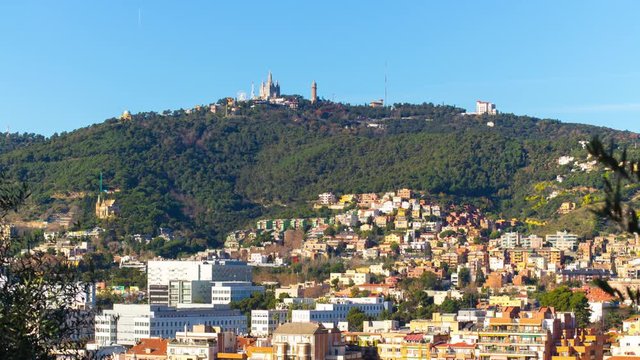 montjuic park sunny view on tibidabo amusement park 4k time lapse barcelona
